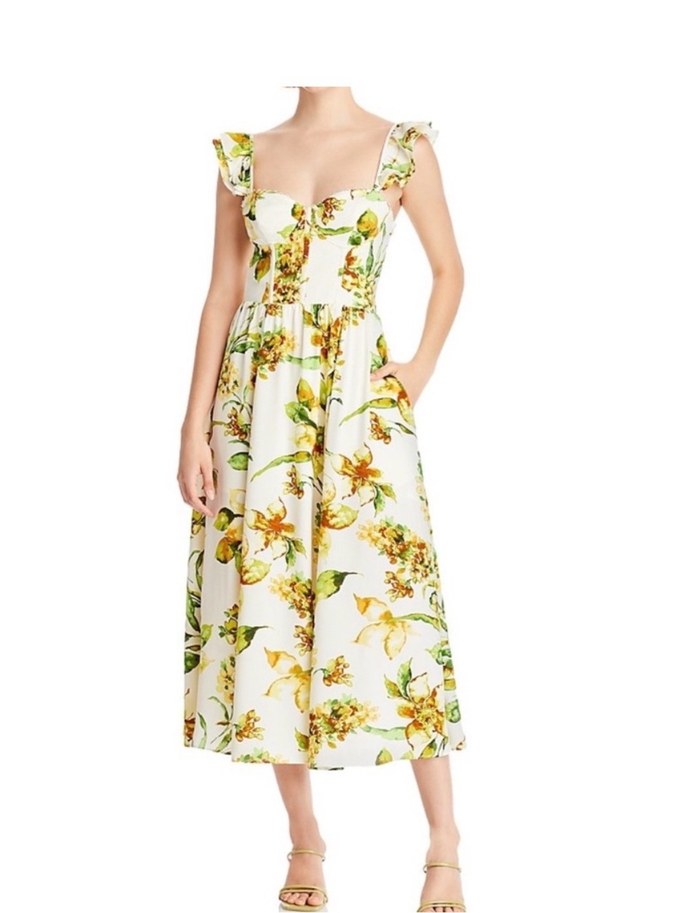 Aqua White Floral Midi Bustier Dress with Yellow & Green Print